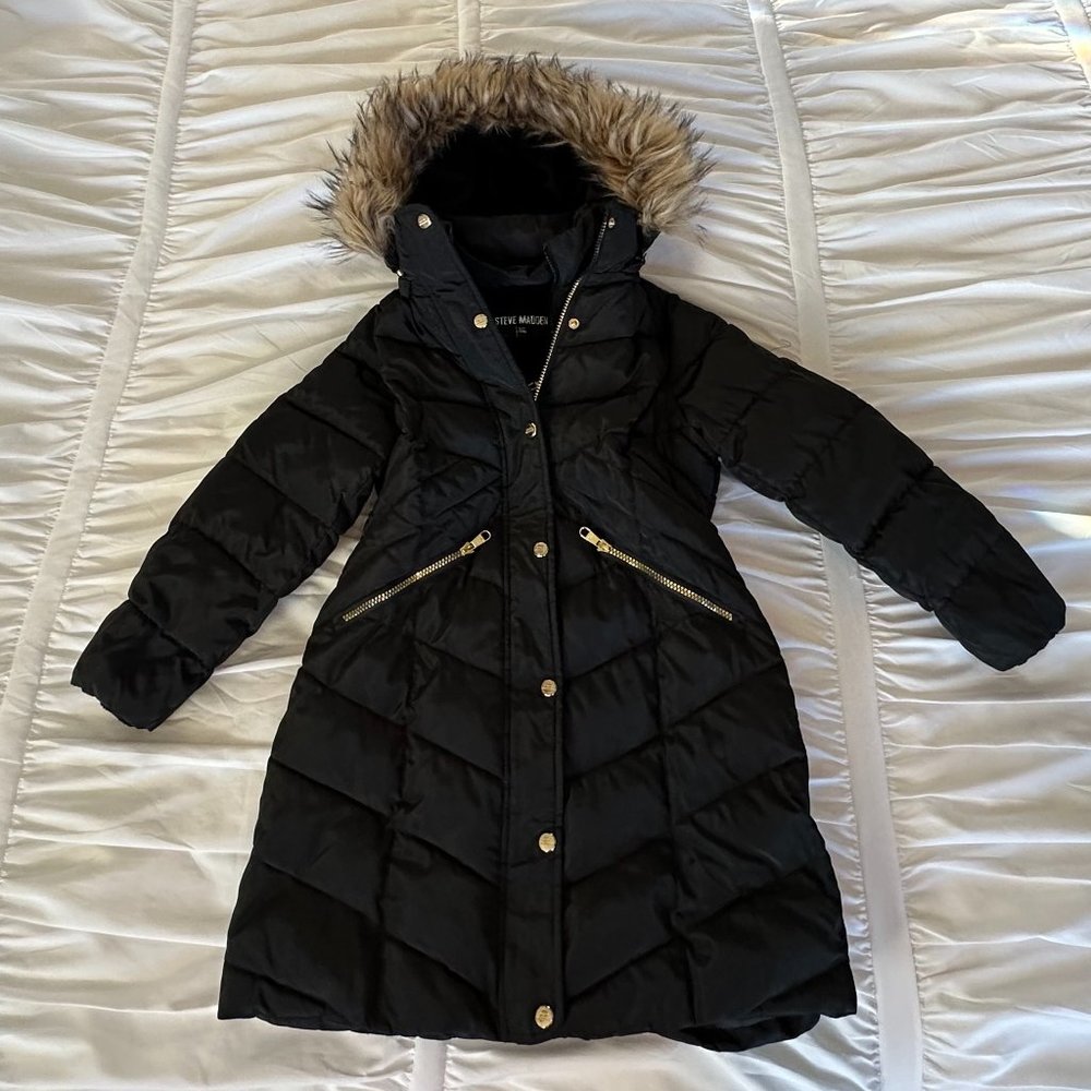 Steve Madden Girls Puffer Winter Coat 7/8 S Black with Tan Fur Hood